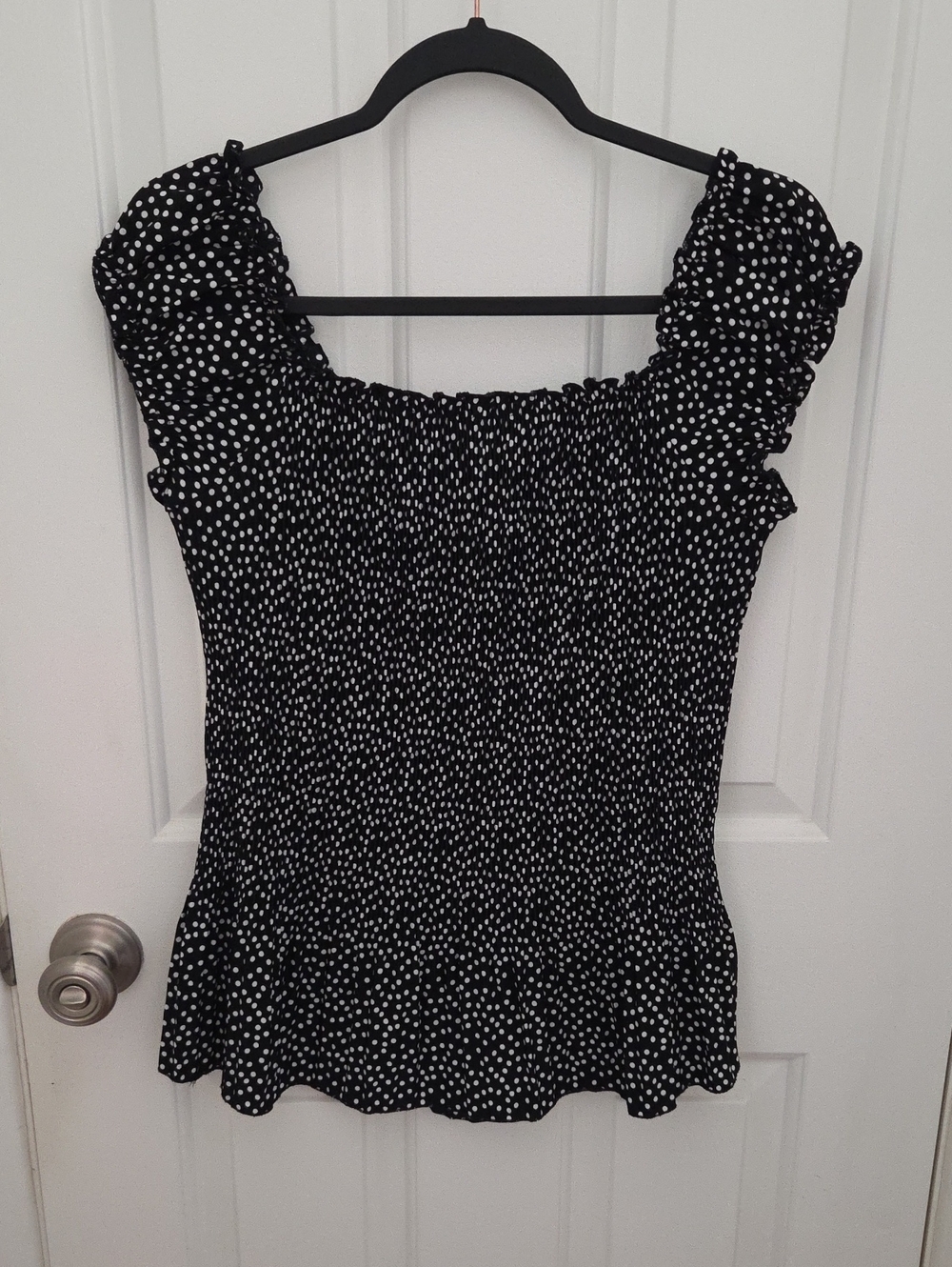 Jaipur Black and White Polka Dot Smocked Ruffle Top Fits like Medium